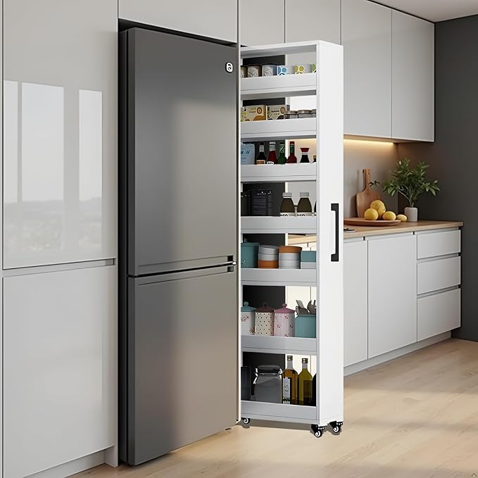 7-Tier Slim Storage Cart, Wooden Rolling Pantry Cabinet with Wheels, Narrow Shelf Organizer for Kitchen, Bakers Rack, Dining Room, Closet, Small Spaces Warm White 47.2" H*9.8" W*23.6" D