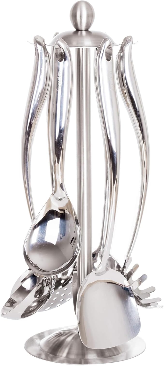 18/10 Stainless Steel Cooking Utensils Set with Holder, 7-Pieces All Metal Kitchen Utensils, 15’’ Long Kitchen Tools with Countertop Rotating Stand, Spatula, Ladle, Skimmer, Tunner, Pasta, Large Spoon