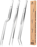 Fine Cooking Tweezers Set, Professional Stainless Steel Food Tongs, Kitchen Black Long Chef Tweezer for Cooking, Plating, Decorating and BBQ (SILVER, 12 inch)