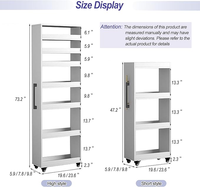 7-Tier Slim Storage Cart, Wooden Rolling Pantry Cabinet with Wheels, Narrow Shelf Organizer for Kitchen, Bakers Rack, Dining Room, Closet, Small Spaces Gray 47.2" H*7.8" W*16.9" D
