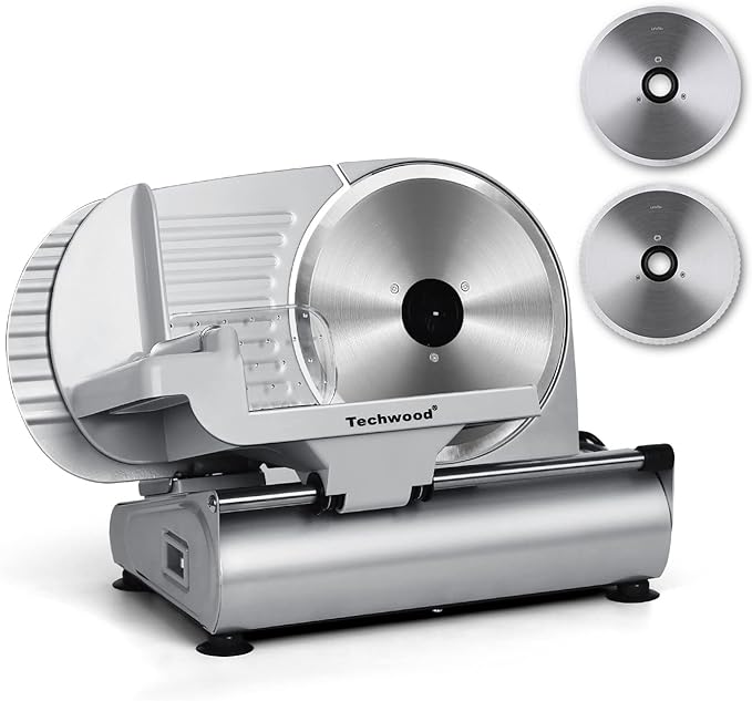 Meat Slicer, Techwood Electric Deil Food Slicer with Removable 9” Stainless Steel Blade, Deli Cheese Fruit Vegetable Bread Cutter with Adjustable Knob for Thickness, Food Carriage & Non-Slip Feet