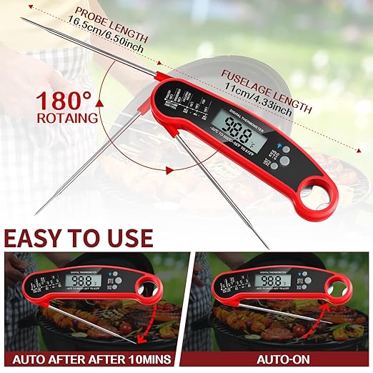 Leelosp 3 Pcs Digital Meat Thermometer with Probe Waterproof Fast Read Food Thermometer Kitchen Grilling Cooking with Backlight Magnet and Calibration for Baking BBQ(Red, Black)