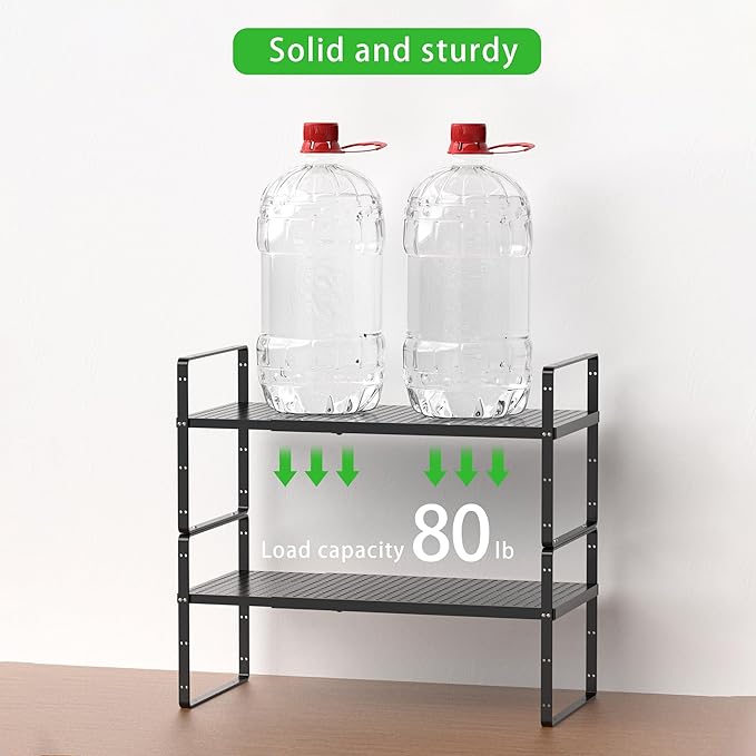 Expandable Cabinet Storage Shelf Stackable Organizer Rack for Kitchen Bathroom Pantry Spice Cupboard Coffee Countertop Home Office Desk Heavy Duty Nonslip Black Small 2 Packs