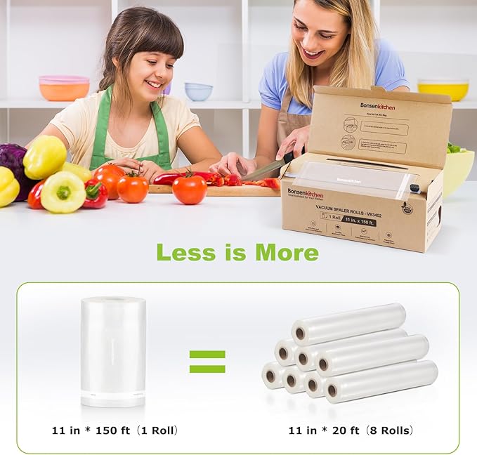 [2025 New] Bonsenkitchen 11” x 150’ Vacuum Sealer Bags Rolls with Cutter for Food Storage, Commercial Grade, BPA Free, Great for Meal Prep and Sous Vide Cooking