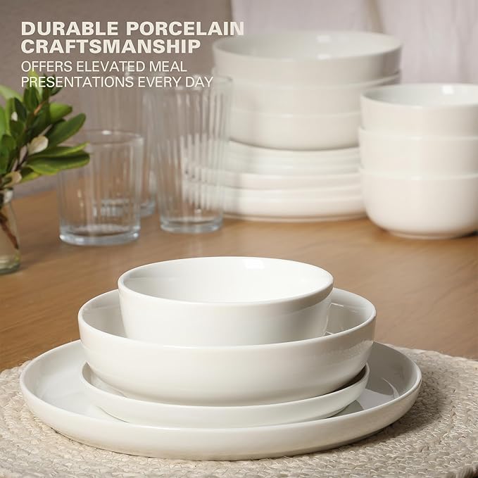 Gibson Home Oslo Porcelain Chip and Scratch Resistant Dinnerware Set, Service for 4 (16pcs), Ceramic Plates and Bowls Dishes Sets, White - Microwave and Dishwasher Safe