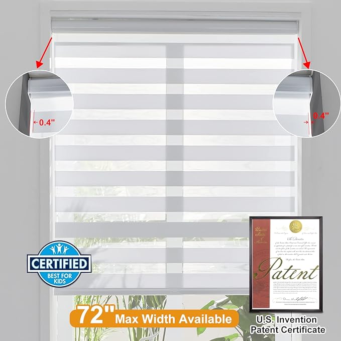 Persilux Cordless Zebra Blinds for Indoor Windows, Free-Stop Light Filtering Sheer Shades, Dual Layer for Day and Night, Roller Shades for Home (31.5" W X 64" H, White)