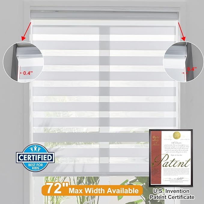 Persilux Cordless Zebra Blinds for Windows, Free-Stop Dual Layer Zebra Roller Shades (18" W x 72" H, White) Light Filtering Sheer Shades, Room Darkening Roller Blinds for Office and Home