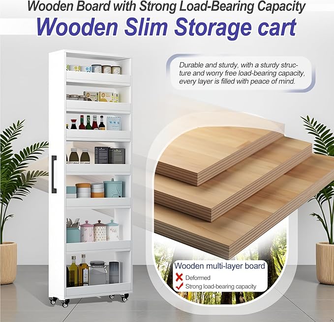 7-Tier Slim Storage Cart, Wooden Rolling Pantry Cabinet with Wheels, Narrow Shelf Organizer for Kitchen, Bakers Rack, Dining Room, Closet, Small Spaces Teak 47.2" H*5.9" W*16.9" D