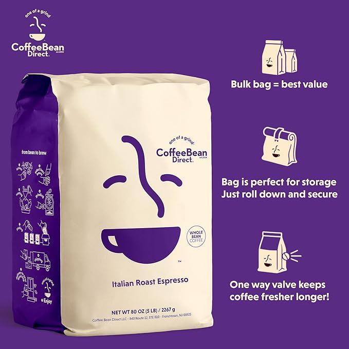 Coffee Bean Direct Italian Roast Espresso, Whole Bean Coffee, Dark Roast, 5 Pound Bag (Pack of 1)