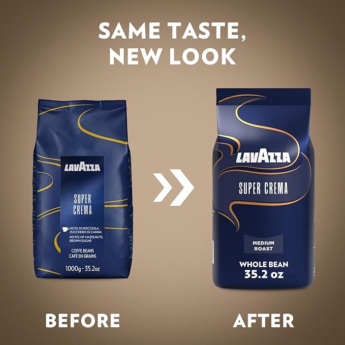 Lavazza Super Crema Whole Bean Coffee, Medium Espresso Roast, Arabica and Robusta Blend, 2.2 lb Bag (Pack of 2)
