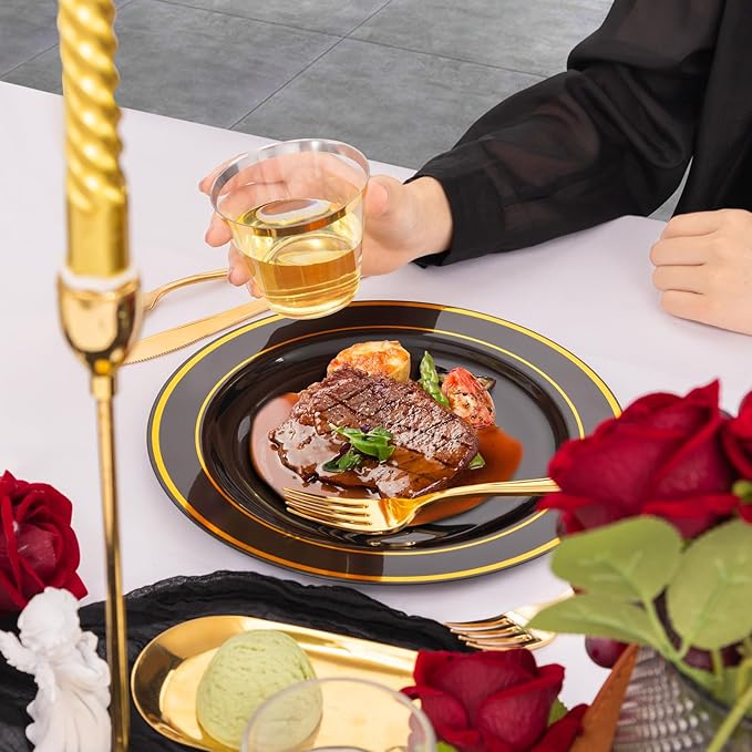 bUCLA 300PCS Black and Gold Disposable Dinnerware Set - 50 Guests Black Plastic Plates with Gold Rim Include 50 Dinner / 50 Dessert Plates, 50 Forks,50 Knives,50 Spoons&50 Cups for Party&New Year