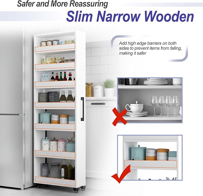 7-Tier Slim Storage Cart, Wooden Rolling Pantry Cabinet with Wheels, Narrow Shelf Organizer for Kitchen, Bakers Rack, Dining Room, Closet, Small Spaces Gray 73.2" H*7.8" W*23.6" D