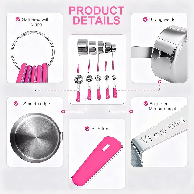 Measuring Cups and Spoons Set, Stainless Steel 10 Piece for Cooking and Baking (5 Cups + 5 Spoons, Pink Handle)