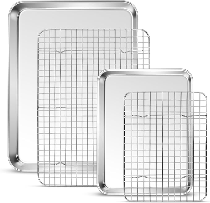 P&P CHEF 16 + 10.4 Inch Baking Sheet and Rack Set, Stainless Steel Cookie Sheets Oven Baking Pans Trays with Cooling Racks for Cooking & Roasting, Oven & Dishwasher Safe, (4Pcs)