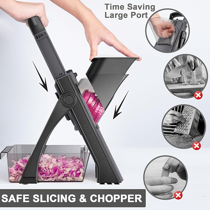 Safe Mandoline Food Slicer for Kitchen, Adjustable Vegetable Chopper Food Slicer with Peeler Thickness Adjuster, Potato French Fry Cutter, Kitchen Chopping Artifact (Black)