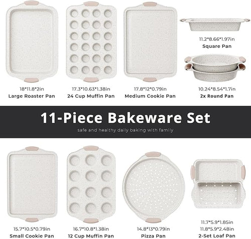 11-Piece Baking Pans Set Nonstick, Stackable Bakeware, Toxin-Free Baking Pans Set with Silicone Handles, Includes Cookie Sheets, Cake Pan, Loaf Pan, Pizza Pan, Muffin Pan, White&Khaki