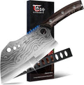Meat Cleaver Chef Knife with Sheath, 7.7 Inch Butcher Knife with Herb Stripper, Chopping Knife Heavy Duty Bone Cutting, Damascus Pattern Full Tang Wood Handle, Birthday Gift for Men