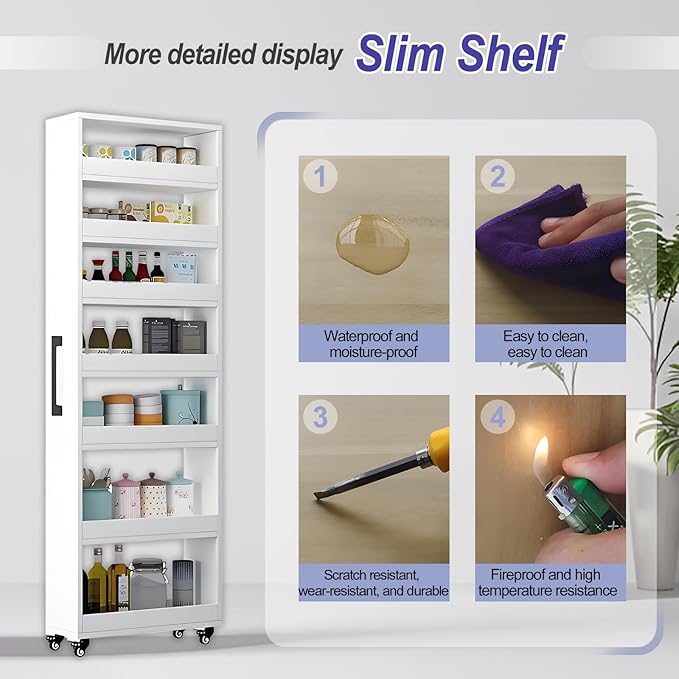 7-Tier Slim Storage Cart, Wooden Rolling Pantry Cabinet with Wheels, Narrow Shelf Organizer for Kitchen, Bakers Rack, Dining Room, Closet, Small Spaces Gray 47.2" H*7.8" W*23.6" D