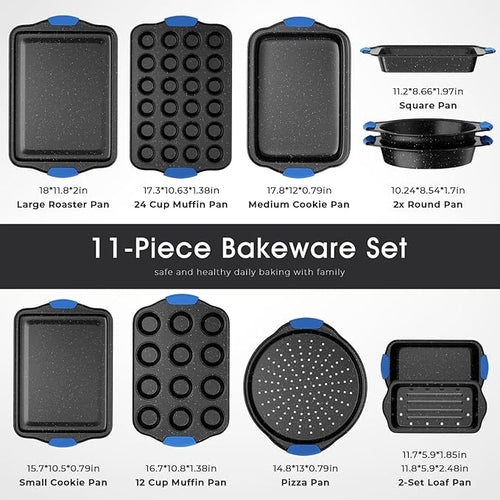 11-Piece Professional Stackable Baking Set, Oven-Safe Nonstick Cookware with Cool-Touch Handles - Features Cookie Sheet, Cake Pan, Muffin Tin, Pizza Stone & Bread Loaf Pan, Black&Blue