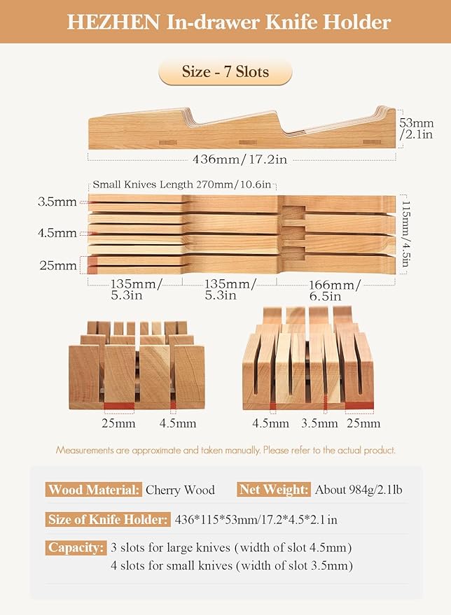 HEZHEN 7-slot Cherry Wood In-drawer Knife Tray,Kitchen Storage Organization Organizer Insert,Saves Countertop Space