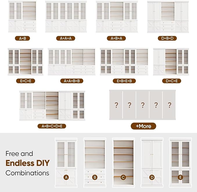 70.8" Tall Farmhouse Kitchen Pantry Cabinet, Modular Storage Cabinet with 6-Tier Adjustable Shelves, White, Wooden Hutch for Living Room, Kitchen, Set of 2