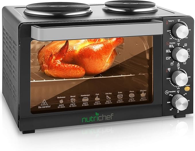 NutriChef 30 Quart Kitchen Convection Oven & 2 Burner Cooker - 1500 Watt Oven - 7 Cook Functions Rotisserie, Cook, Bake, Broil & More - Includes Baking Tray, Skewers & Handles - 19.6 x 16.0 x 13.5 IN