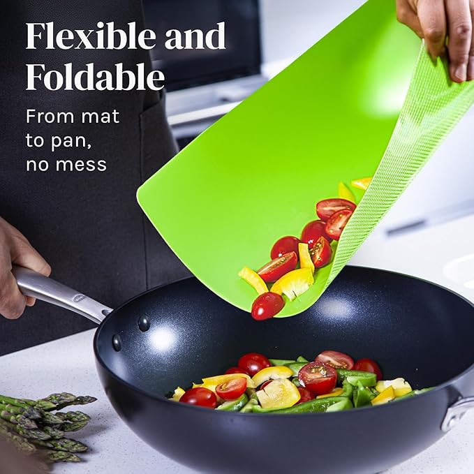 Cutting Boards for Kitchen – Bamboo Cutting Board Set with 6 Color-Coded Flexible Chopping Mats, Easy Clean Wood and Dishwasher-Safe Plastic, Large 17×12, Knife-Friendly by Cooler Kitchen