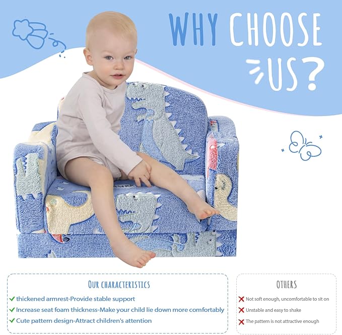 Thick Comfy Toddler Chair and Couch for Kids,2-in-1 Soft Plush Fold Out Sofa for Children,Convertible Couch to Lounger for Toddler