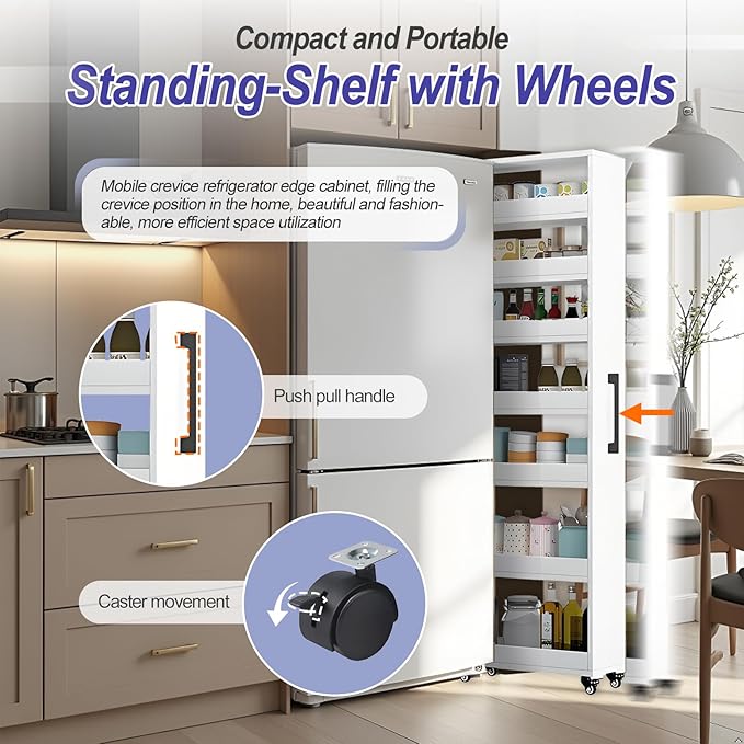7-Tier Slim Storage Cart, Wooden Rolling Pantry Cabinet with Wheels, Narrow Shelf Organizer for Kitchen, Bakers Rack, Dining Room, Closet, Small Spaces Light Walnut 47.2" H*7.8" W*23.6" D