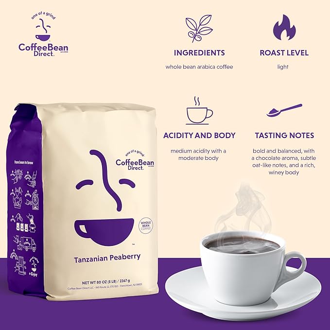 Coffee Bean Direct Tanzanian Peaberry, Whole Bean Coffee, Light Roast, 5 Pound Bag (Pack of 1)