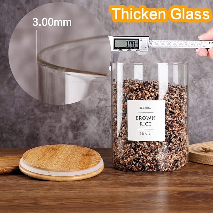 Large Glass Storage Jars With Airtight Bamboo Lid - 100 Fl Oz Thicken Kitchen Glass Food Storage Canister With 42 Pantry Labels - Big Clear Flour And Sugar Containers Farmhouse