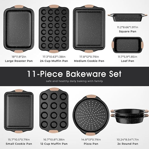 11-Piece Baking Pans Set, Nonstick Bakeware Sets, Oven Pans for Baking with Silicone Handles, Includes Cookie Sheet, Cake Pans, Loaf Pan, Pizza Pan, Muffin Pan, Khaki&Black