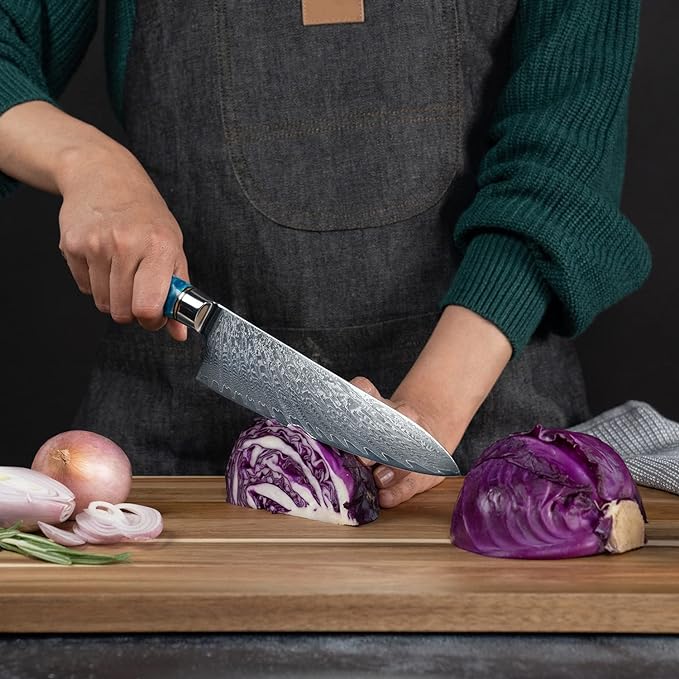 SENKEN Damascus Steel Chef's Knife - Tsunami Collection - 67-Layer Japanese VG10 Steel Core - Unique Blue Resin & Natural Wood Handle, Razor Sharp, Beautiful Damascus Wave Pattern (8" Chef's Knife)