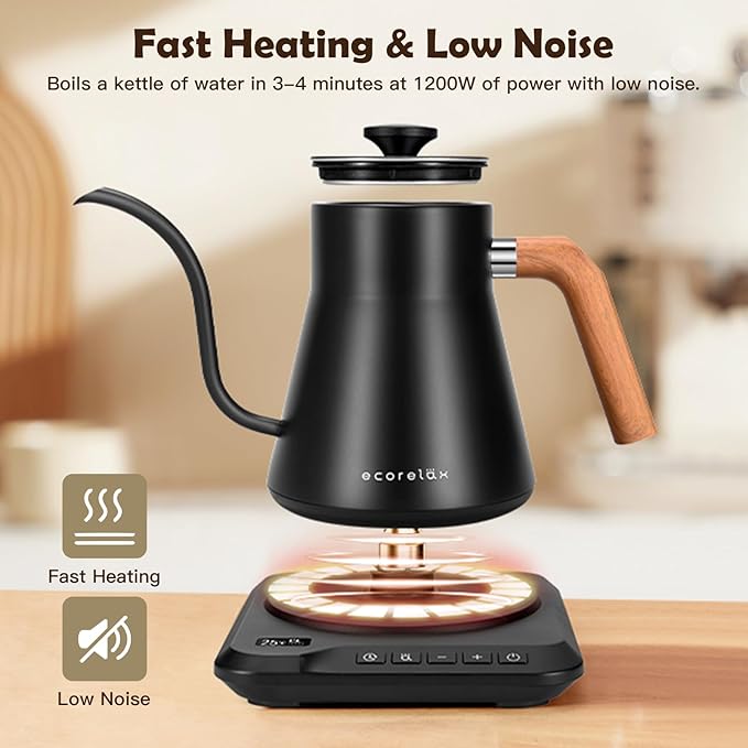 ECORELAX Gooseneck Electric Kettle, ±1℉ Temperature Control Pour Over Kettle for Coffee, Tea & Water, Stainless Steel 1200 W Keep Warm OLED Display 1 L (Black)