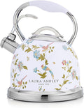 VQ Laura Ashley Elveden White 2.5L Stainless Steel Tea Kettle Stovetop Whistling Teapot for Induction, Gas Hob or others. Silicon Coated Cool Handle & Push Button Mechanism Vintage Stove Top Kettle