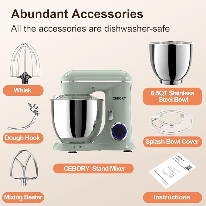 3-IN-1 Electric Stand Mixer, 6.5QT Bowl 660W 10-Speed Kitchen Mixer, Household Food Mixers include Dough Hook, Beater and Whisk, Bread Cake Mixer for Baking and Most Home Cooks, Green