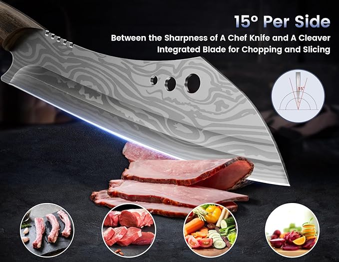 Butcher Knife, 10 Inch Meat Cleaver Chef Knife with Herb Stripper, Japanese Style High Carbon Steel Kitchen Knife for Chopping & Slicing, Damascus Pattern Full Tang Wood Handle Ideal for Gift