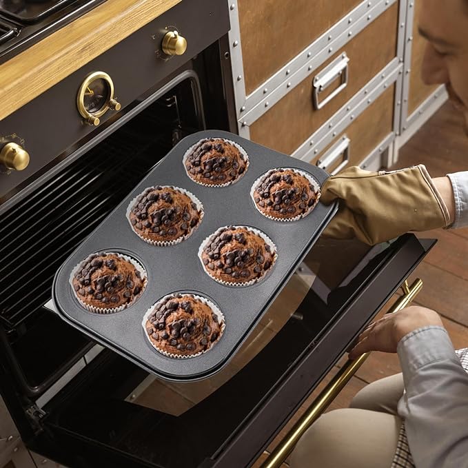 2 Packs Round Muffin Baking Pan, Premium Steel Muffin Pan for Baking, Cupcake Tin Cheesecake Pans, Bakeware Muffin Top Pan (6 Cups,Black)