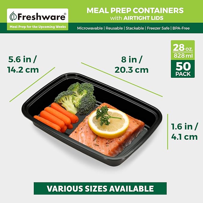 Freshware Meal Prep Containers 1 Compartment Food Storage Containers with Lids, Bento Box, BPA Free, Stackable, Microwave/Dishwasher/Freezer Safe (28 oz), 50 Count (Pack of 6)