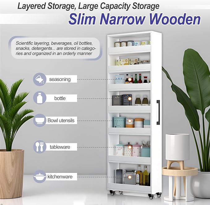 7-Tier Slim Storage Cart, Wooden Rolling Pantry Cabinet with Wheels, Narrow Shelf Organizer for Kitchen, Bakers Rack, Dining Room, Closet, Small Spaces Gray 73.2''H*5.9''W*23.6''D