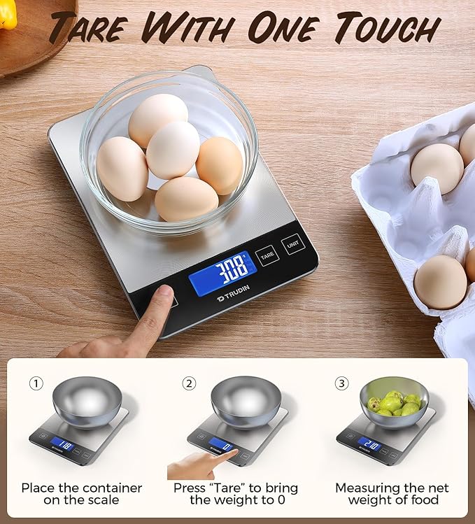 NASA-Grade 33lb Digital Kitchen Scale, Precisely Measures Grams and Ounces for Baking and Cooking, Waterproof Tempered Glass (Bright Black)