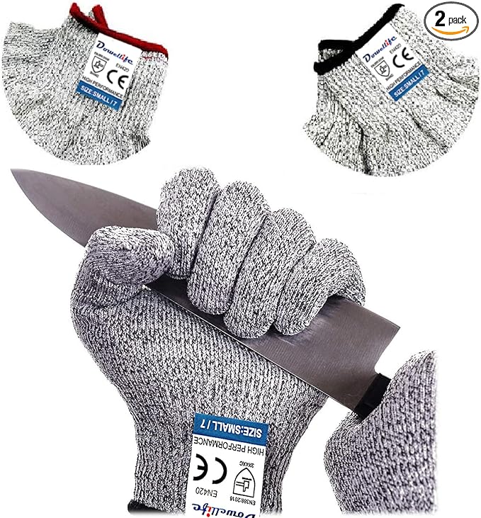 Dowellife Cut Resistant Gloves Food Grade Level 5 Protection, Safety Kitchen Cuts Gloves for Oyster Shucking, Fish Fillet Processing, Mandolin Slicing, Meat Cutting and Wood Carving. (Medium-2 Pairs)
