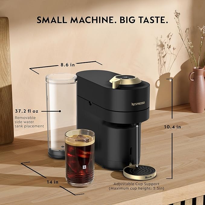 Nespresso Festive Vertuo Pop+ Deluxe Coffee and Espresso Maker by Breville with Milk Frother, Matte Black Gold