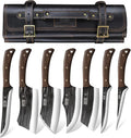 HOSHANHO Butcher Knife Set, Hand Forged Butcher Chef Knife Set with Roll Bag, Sharp Meat Cleaver Knife & Bone Chopper Knives & Fillet Knives for Home & Camping & BBQ Gift for Men