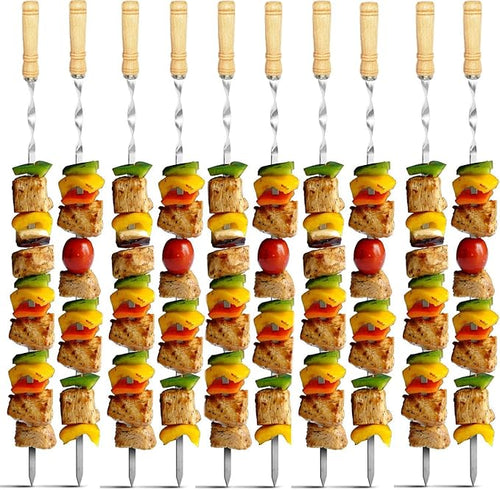 12 Pack Kabob Skewers BBQ Barbecue Skewers Stainless Steel Sticks 22 Inch Heavy Duty Large Wide Reusable with Nonslip Wooden Handle Ideal for Shish Kebab Chicken Shrimp and Vegetables