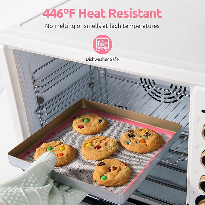 446ºF Heat Resistant Macaron Mat: U-Taste 11x11in Non Stick Silicone Baking Mat, Reusable Cookies Pastry Sheet Liner with Edge Enhancement & Circle Measurement for Square Cake Pan (2 PCS, Pink)