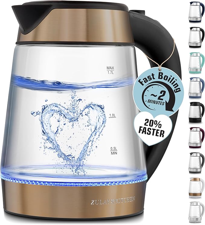 Zulay Kitchen Fast Boiling Electric Water Kettle - 1.7L, 1500W, Auto Shut-Off for Overboil & Boil Dry Protection, Cool-Touch Handle, 360° Base - Rapid Teapot Boiler For Coffee & Tea - Black Copper