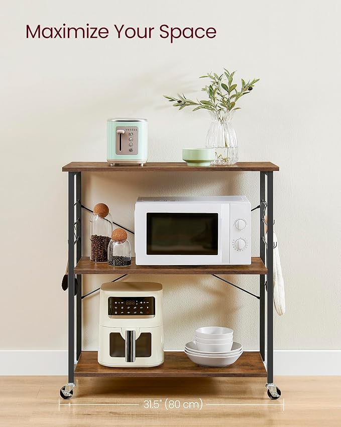 VASAGLE Kitchen Shelf on Wheels, Serving Cart with 3 Shelves, Kitchen Cart, Microwave Shelf, for Mini Oven, Toaster, with 6 Hooks, Industrial Style, Rustic Brown and Black UKKS067K01