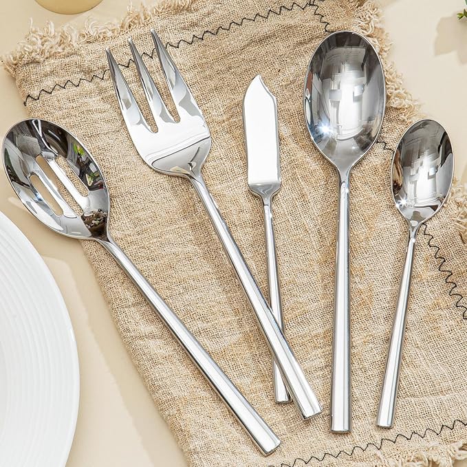 KINGSTONE Silverware Set with Serving Utensils, 65-Piece Forged Flatware Set Cutlery Set Premium Stainless Steel, Service for 12, for Kitchen, Home, Wedding, Party, Mirror Polished and Dishwasher Safe