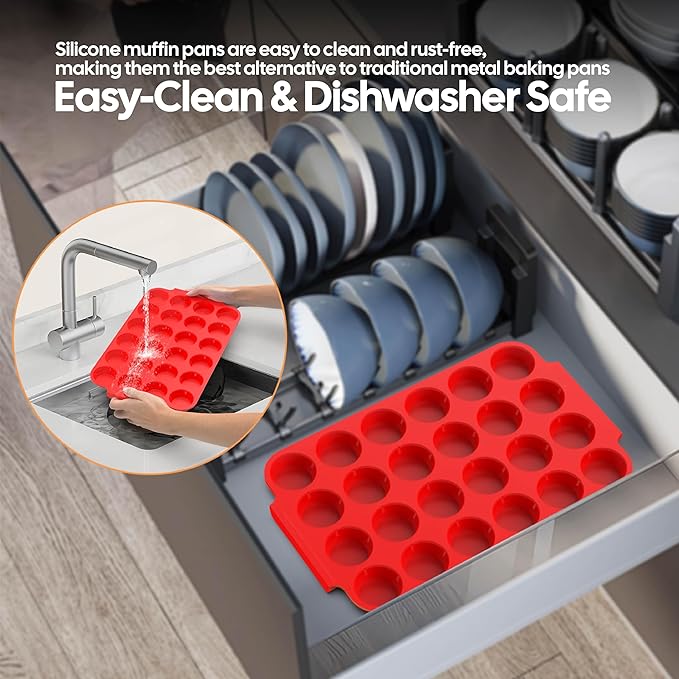 2-Pack Silicone Muffin Pan for Baking - Standard & Mini Set Cupcake Pan with Handle, Food-Grade Certified, Nonstick, Odorless, BPA-Free, Silicone Baking Mold for Muffins, Egg Bites, Cupcakes